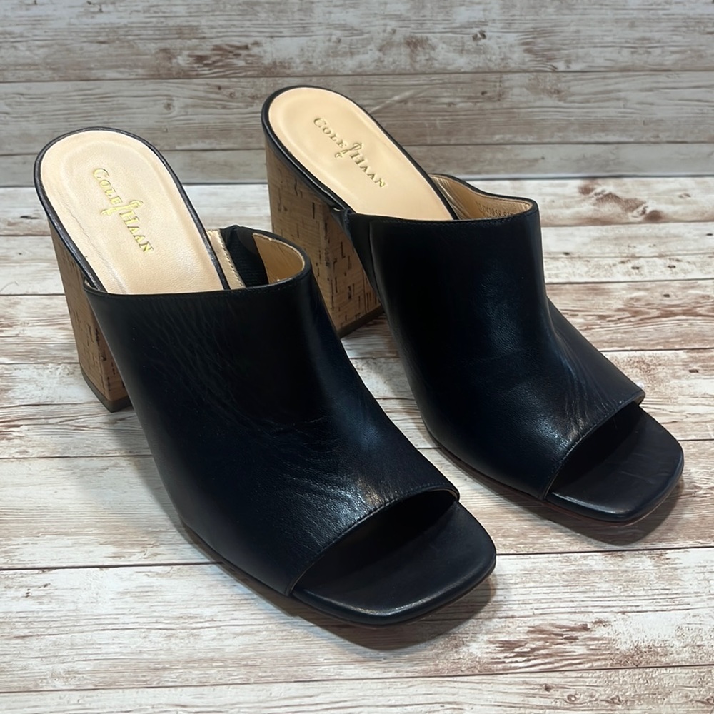Cole Haan Black Open Toe 4” Cork Block Heel Mules Size 8-1/2B